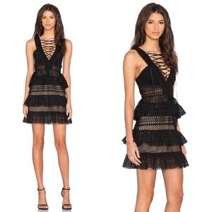 Self-Portrait Black Lace Up Tiered Eyelet Mini Dress Women's Size 4 EUC